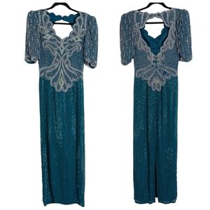 VTG Landa Teal Green Blue Silk Beaded Keyhole Back Maxi Dress Formal Glam